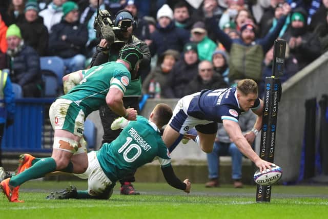 Scotland's Duhan van der Merwe produces a spectacular finish to score against Ireland.