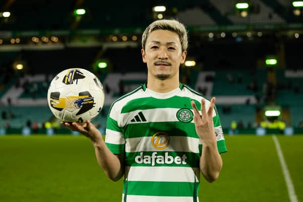 Celtic's Daizen Maeda holds the match ball after scoring a hat-trick against Raith Rovers. (Photo by Craig Foy / SNS Group)