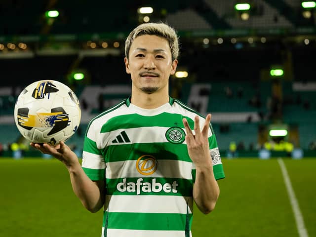 Celtic's Daizen Maeda holds the match ball after scoring a hat-trick against Raith Rovers. (Photo by Craig Foy / SNS Group)
