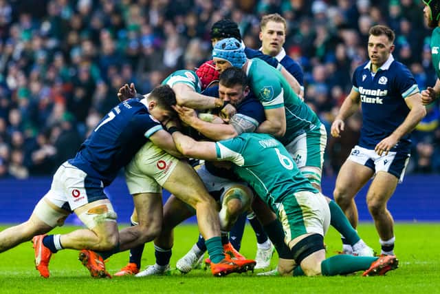 Scotland's Rory Sutherland in the thick of the action against Ireland at Murrayfield.