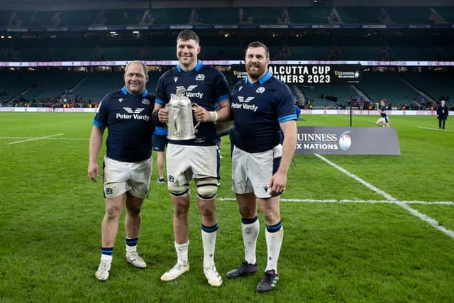 Grant Gilchrist, centre, with WP Nel, left, and Simon Berghan after Scotland's Calcutta Cup win over England at Twickenham in 2023.