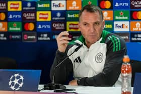Celtic manager Brendan Rodgers during his pre-match press conference ahead of facing Bayern Munich in the Champions League play-off round first leg. (Photo by Craig Williamson / SNS Group)
