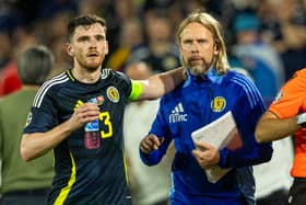 Former Scotland set piece coach Austin MacPhee with captain Andy Robertson during the match against Switzerland at Euro 2024. (Photo by Craig Foy / SNS Group)