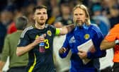 Former Scotland set piece coach Austin MacPhee with captain Andy Robertson during the match against Switzerland at Euro 2024. (Photo by Craig Foy / SNS Group)