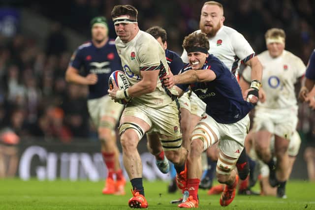 Tom Curry of England charges upfield during the Guinness Six Nations win over France. (Photo by David Rogers/Getty Images)