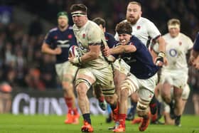 Tom Curry of England charges upfield during the Guinness Six Nations win over France. (Photo by David Rogers/Getty Images)
