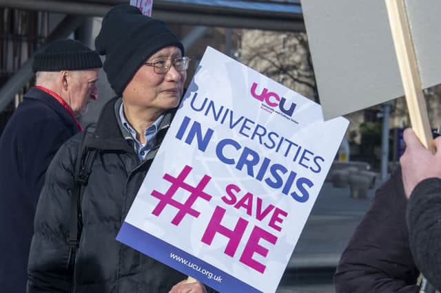 Members of the university staff union, UCU, held a rally outside the Scottish Parliament last month (Picture: Lisa Ferguson)