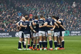 Scotland players in a team huddle during the Guinness Six Nations defeat to Ireland at Scottish Gas Murrayfield. (Photo by Craig Williamson / SNS Group)