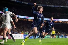 Scotland's Darcy Graham celebrates his second try during the comeback against England at Twickenham in 2019.