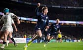 Scotland's Darcy Graham celebrates his second try during the comeback against England at Twickenham in 2019.