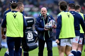 Gregor Townsend, head coach of Scotland, looks on as players warm up prior to Six Nations match against Ireland. (Photo by Stu Forster/Getty Images)
