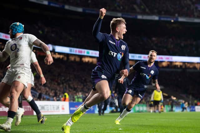 Scotland's Darcy Graham celebrates his second try during the comeback against England at Twickenham in 2019.