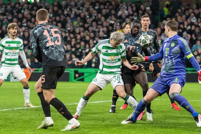 Celtic's Daizen Maeda scores to give Celtic a lifeline in their Champions League tie against Bayern Munich.  (Photo by Paul Devlin / SNS Group)