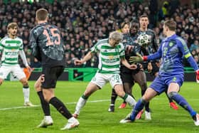 Celtic's Daizen Maeda scores to give Celtic a lifeline in their Champions League tie against Bayern Munich.  (Photo by Paul Devlin / SNS Group)