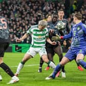 Celtic's Daizen Maeda scores to give Celtic a lifeline in their Champions League tie against Bayern Munich.  (Photo by Paul Devlin / SNS Group)