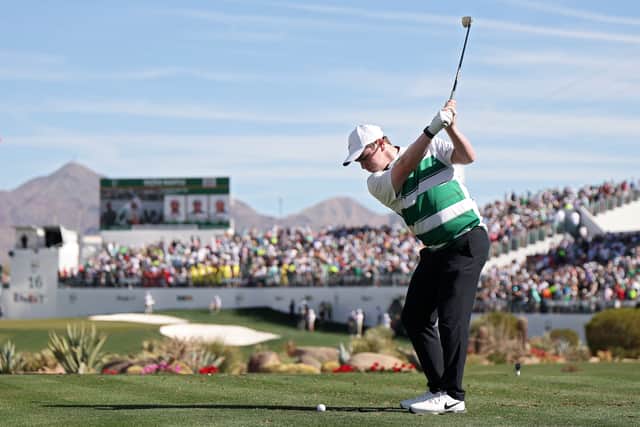Bob MacIntyre wore an Oban Celtic shinty top when playing the 16th hole at TPC Scottsdale in the WM Phoenix Open 