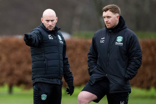 Hibs boss David Gray and his assistant Liam Craig prepare the team ahead of Sunday's league match at St Mirren.