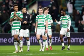 Celtic’s Alistair Johnston salutes the fans at full-time against Bayern Munich.