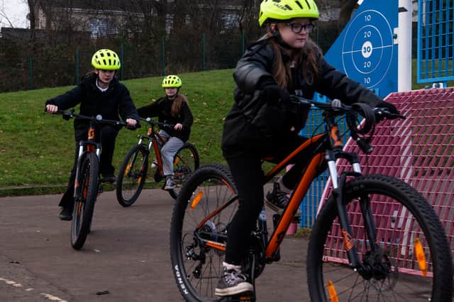Pupils trying out their bikes at Craigbank Primary School in Sauchie