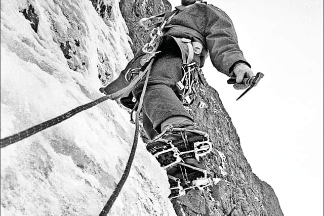 Hamish MacInnes on steep mixed ground prospecting a new route on Buachaille Etive Mor, Glencoe. March 1972. PIC: John Clear.