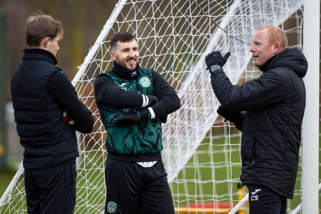 From left, Josef Bursik, Jordan Smith and Craig Samson during a Hibs training session.