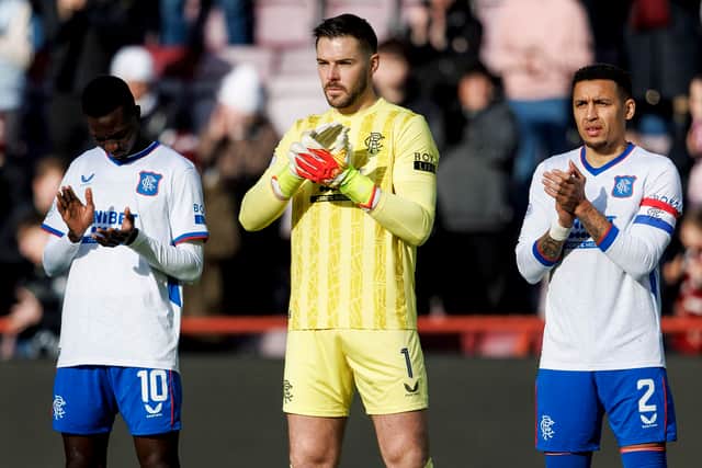 Rangers goalkeeper Jack Butland (centre) applauds the away fans after the 3-1 win over Hearts at Tynecastle. (Photo by Mark Scates / SNS Group)