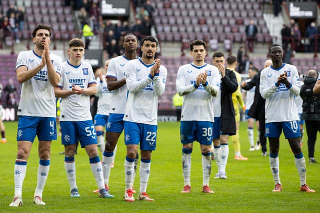 Rangers players applaud their fans at full time after the 3-1 win over Hearts at Tynecastle. (Photo by Alan Harvey / SNS Group)