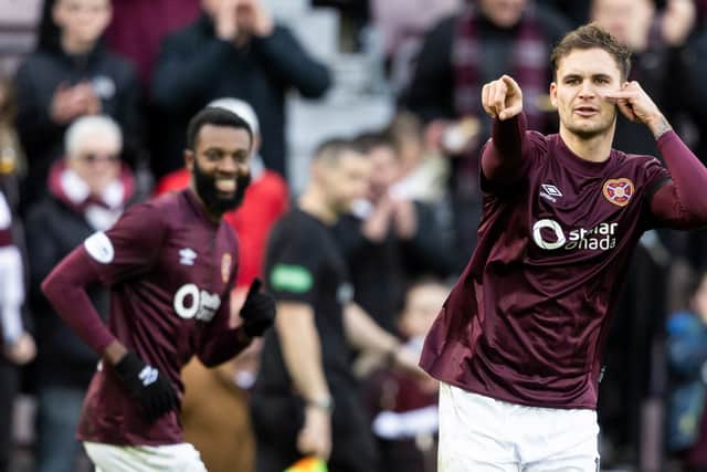 Hearts' Michael Steinwender (R) celebrates scoring to make it 1-1 against Rangers. (Photo by Mark Scates / SNS Group)