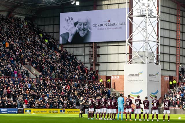 A minute's applause for former Hearts goalkeeper Gordon Marshall prior to the match against Rangers at Tynecastle Park. (Photo by Mark Scates / SNS Group)