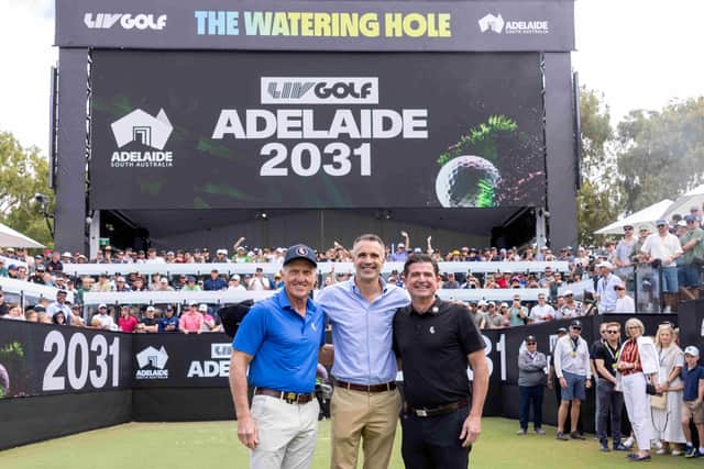 Former LIV Golf CEO and commissioner Greg Norman, left, joined his successor Scott O’Neil, right, and South Australia Premier Peter Malinauskas, centre, at Sunday’s announcement that Adelaide will be the exclusive home of the circuit’s event in Australia through 2031  