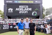 Former LIV Golf CEO and commissioner Greg Norman, left, joined his successor Scott O’Neil, right, and South Australia Premier Peter Malinauskas, centre, at Sunday’s announcement that Adelaide will be the exclusive home of the circuit’s event in Australia through 2031  
