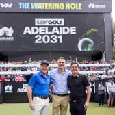 Former LIV Golf CEO and commissioner Greg Norman, left, joined his successor Scott O’Neil, right, and South Australia Premier Peter Malinauskas, centre, at Sunday’s announcement that Adelaide will be the exclusive home of the circuit’s event in Australia through 2031  