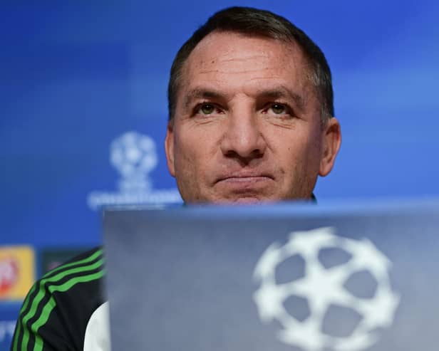 Celtic head coach Brendan Rodgers attends a press conference on the eve of the Champions League play-off second leg against Bayern Munich. (Photo by TOBIAS SCHWARZ/AFP via Getty Images) 