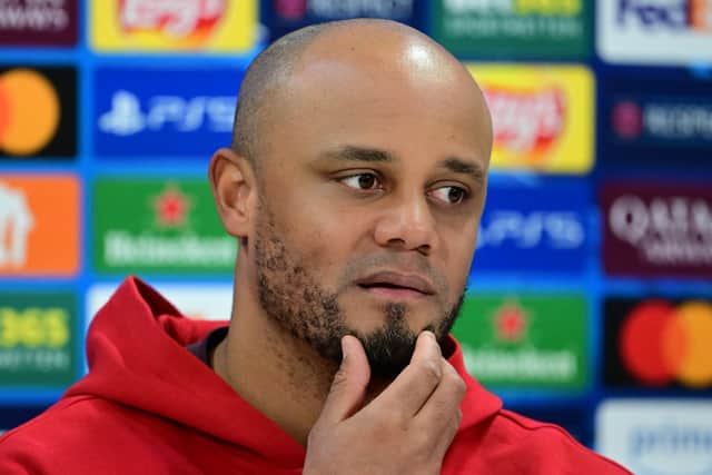 Bayern Munich head coach Vincent Kompany attends a press conference on the eve of the Champions League play-off second leg against Celtic. (Photo by TOBIAS SCHWARZ/AFP via Getty Images)