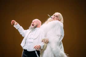 Alasdair Elliott as Count Hauk-Šendorf and Orla Boylan as Emilia Marty in The Makropulos Affair