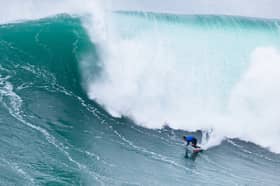 Ben Larg of Scotland competes at the Nazaré Big Wave Challenge on 18 February