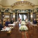 U.S. Secretary of State Marco Rubio, second left, meets with Saudi Foreign Minister Prince Faisal bin Farhan Al Saud, Saudi National Security Advisor Mosaad bin Mohammad Al-Aiban, U.S. National Security Advisor Mike Waltz, U.S. Middle East envoy Steve Witkoff, Russian Foreign Minister Sergei Lavrov, right, and Russian President Vladimir Putin's foreign policy advisor Yuri Ushakov, at Diriyah Palace, in Riyadh, Saudi Arabia. Picture: Evelyn Hockstein/Pool Photo via AP