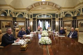 U.S. Secretary of State Marco Rubio, second left, meets with Saudi Foreign Minister Prince Faisal bin Farhan Al Saud, Saudi National Security Advisor Mosaad bin Mohammad Al-Aiban, U.S. National Security Advisor Mike Waltz, U.S. Middle East envoy Steve Witkoff, Russian Foreign Minister Sergei Lavrov, right, and Russian President Vladimir Putin's foreign policy advisor Yuri Ushakov, at Diriyah Palace, in Riyadh, Saudi Arabia. Picture: Evelyn Hockstein/Pool Photo via AP