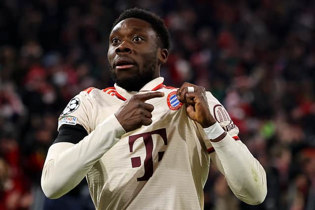 Alphonso Davies celebrates the key goal for Bayern Munich.