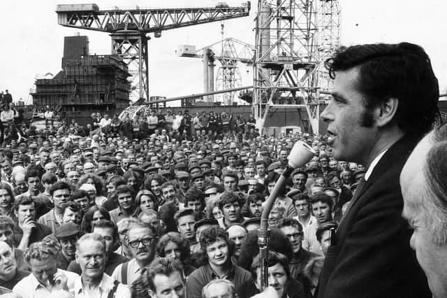 Trade union leader Jimmy Reid addresses Clyde shipbuilders during an industrial dispute in 1971 (Picture: Allan Milligan)