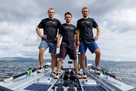 The Maclean brothers with their boat in which they will row across the Pacific ocean. Pictured off Toward, South Cowal, Dunoon. They are, from left- Jamie, Ewan and Lachlan