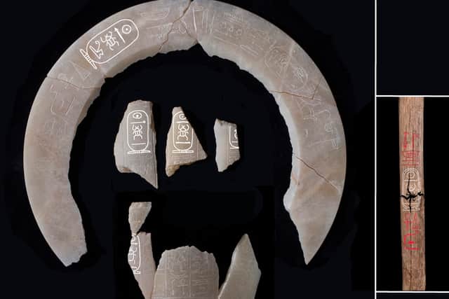 Alabaster fragments found in the tomb which bear the name of Thutmose II.