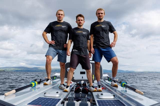 The Maclean brothers with their boat in which they will row across the Pacific ocean. Pictured off Toward, South Cowal, Dunoon. They are, from left- Jamie, Ewan and Lachlan