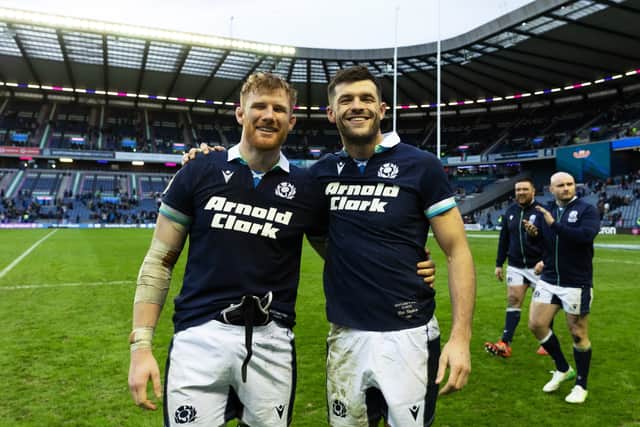Scotland's Gregor Brown and cousin Blair Kinghorn after the Guinness Six Nations win over Italy.