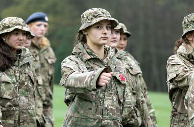 The Navy, Army and RAF Cadets marched to chapel led by the Glenalmond Pipes and Drums for the Service of Remembrance, at The Chapel of the Holy Trinity, Glenalmond College, last year
