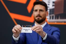 Rangers are drawn out of the hat in the Europa League last 16 draw by former Spain international Aritz Aduriz at the House of European Football in Nyon, on February 21, 2025. (Photo by VALENTIN FLAURAUD/AFP via Getty Images)          