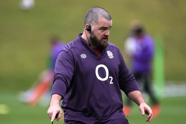 Tom Harrison, the England scrum coach, issues instructions during a training session. (Photo by David Rogers/Getty Images)