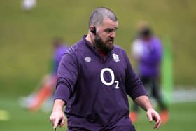 Tom Harrison, the England scrum coach, issues instructions during a training session. (Photo by David Rogers/Getty Images)