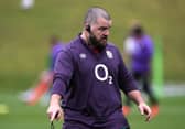 Tom Harrison, the England scrum coach, issues instructions during a training session. (Photo by David Rogers/Getty Images)