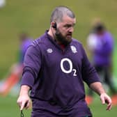Tom Harrison, the England scrum coach, issues instructions during a training session. (Photo by David Rogers/Getty Images)
